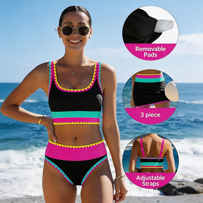 Sportowe Bikini Trzyczęściowe z Nylonu w Stylu Bloków Kolorów