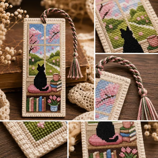 🐈📚Seasonal Cat Cross Stitch Bookmark – Cozy Reading Companion