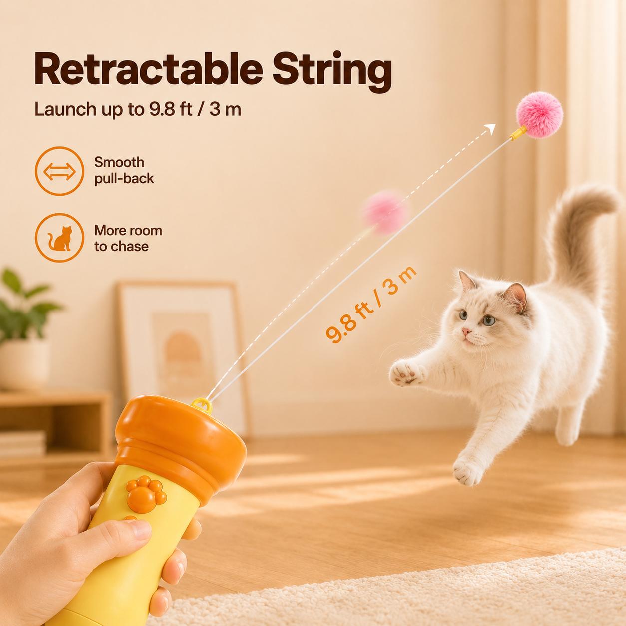 Retractable string cat toy being used with an indoor cat