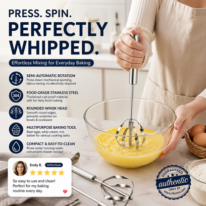 🥚 Easy Press Manual Egg Beater – Stainless Steel Hand Whisk for Eggs, Cream & Baking