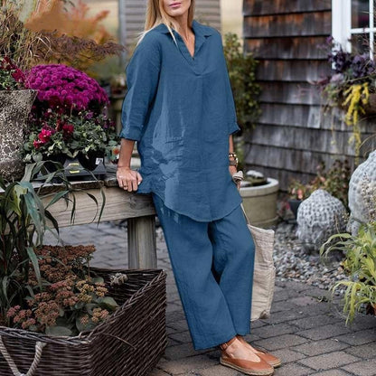 Elegancki, dwuczęściowy zestaw damski z bawełny i lnu w stylu vintage, składający się z bluzki z długim rękawem i spodni