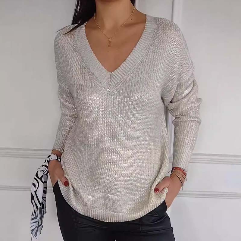 ✨Heißer Verkauf - 40% RABATT✨ Lässiger Strickpullover mit V-Ausschnitt und metallischem Glanz für Damen