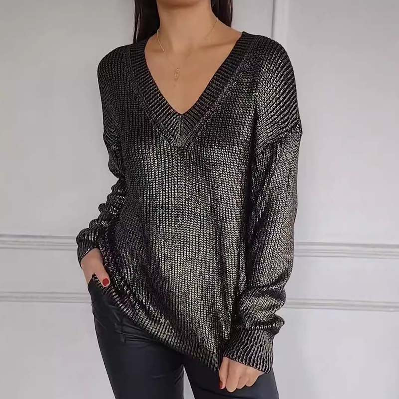 ✨Heißer Verkauf - 40% RABATT✨ Lässiger Strickpullover mit V-Ausschnitt und metallischem Glanz für Damen