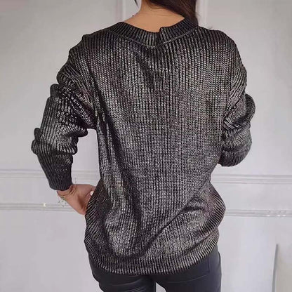 ✨Heißer Verkauf - 40% RABATT✨ Lässiger Strickpullover mit V-Ausschnitt und metallischem Glanz für Damen