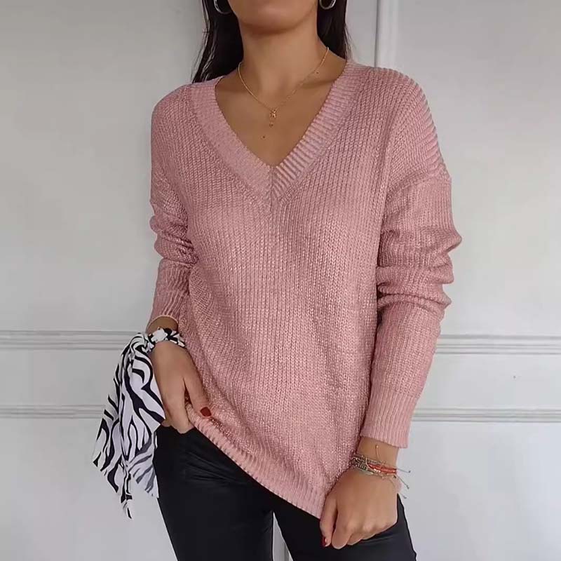 ✨Heißer Verkauf - 40% RABATT✨ Lässiger Strickpullover mit V-Ausschnitt und metallischem Glanz für Damen