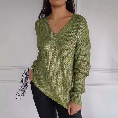 ✨Heißer Verkauf - 40% RABATT✨ Lässiger Strickpullover mit V-Ausschnitt und metallischem Glanz für Damen