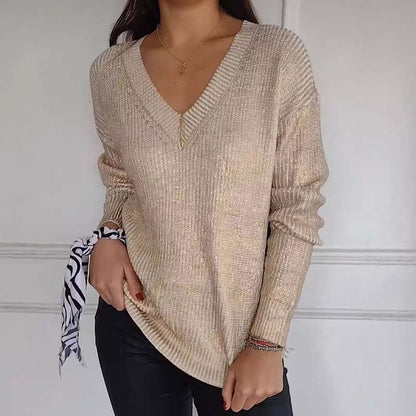 ✨Heißer Verkauf - 40% RABATT✨ Lässiger Strickpullover mit V-Ausschnitt und metallischem Glanz für Damen