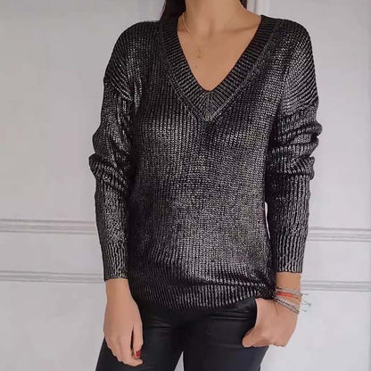 ✨Heißer Verkauf - 40% RABATT✨ Lässiger Strickpullover mit V-Ausschnitt und metallischem Glanz für Damen