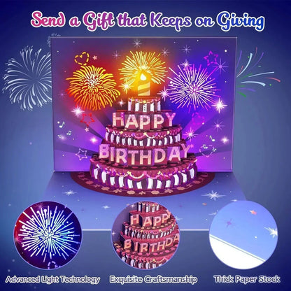 🎁Fireworks pop-up cake with light and music, birthday card gift