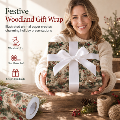 🎁 Woodland Gift Wrapping Paper – Festive Forest Prints on a 5-Meter Roll