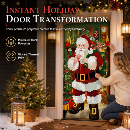 🎄Xmas Sale - 50% OFF❤️Christmas Door Cover - Santa & Reindeer Stretch Fabric Door Banner with 4-Side Elastic Edges, DIY Door Handle Cutout, Slip-On Front Door Holiday Decor