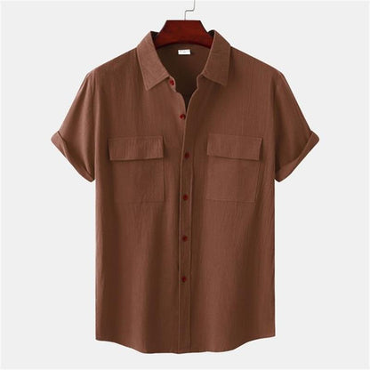 Camicia da uomo a maniche corte casual in cotone e lino tinta unita