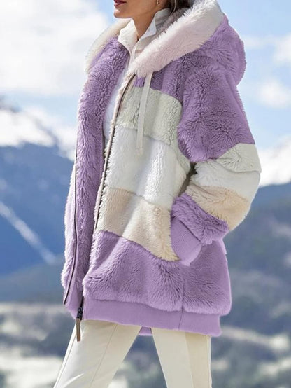 Damen 2023 Winter-Plüsch-Kapuzen-Colorblock-Jacke mit Taschen