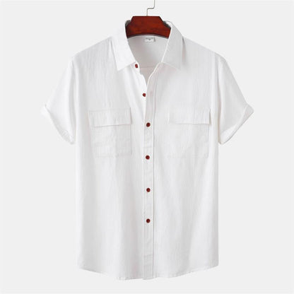 Camicia da uomo a maniche corte casual in cotone e lino tinta unita