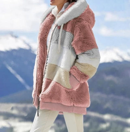 Damen 2023 Winter-Plüsch-Kapuzen-Colorblock-Jacke mit Taschen