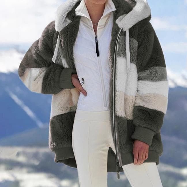 Damen 2023 Winter-Plüsch-Kapuzen-Colorblock-Jacke mit Taschen