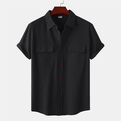 Camicia da uomo a maniche corte casual in cotone e lino tinta unita